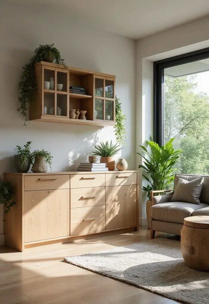 25 Stunning Living Room Cabinet Arrangement Ideas That Will Transform Your Space! - 23. Nature-Inspired Cabinet Arrangements