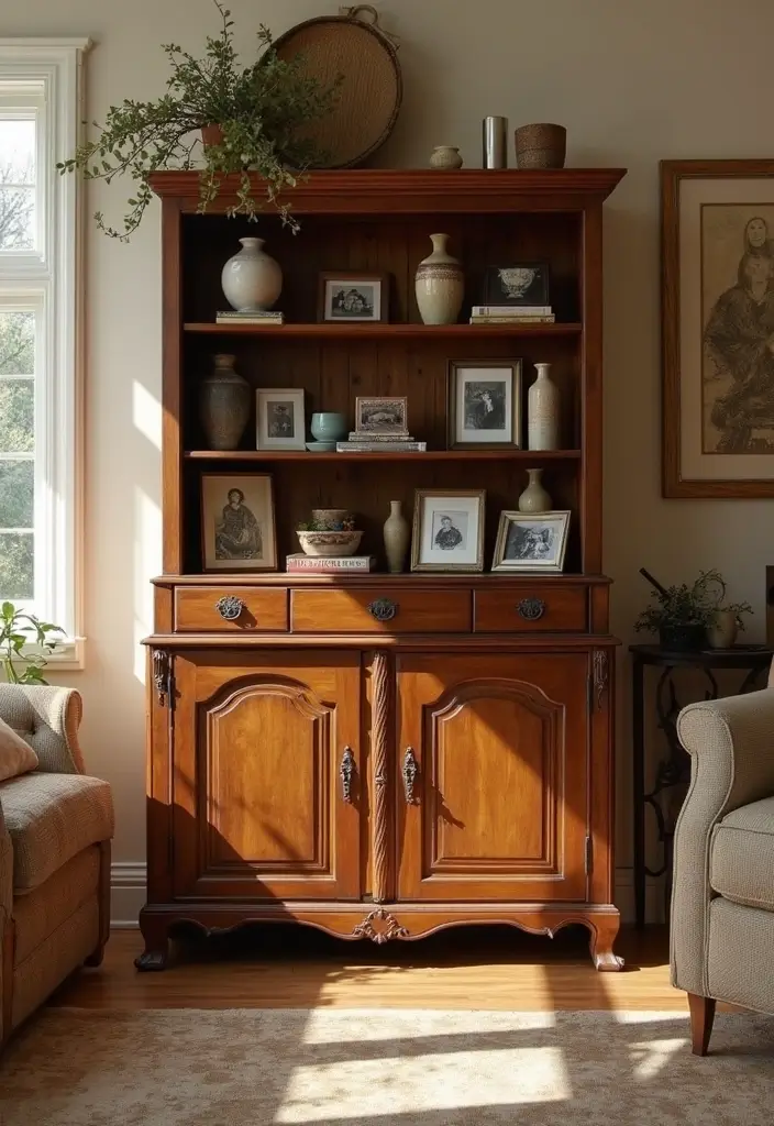 25 Stunning Living Room Cabinet Arrangement Ideas That Will Transform Your Space! - 3. Vintage Chic Cabinet Arrangement