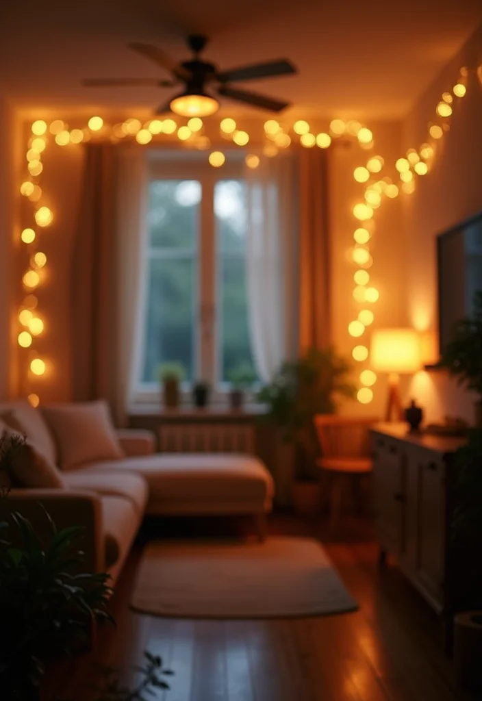 22 Cozy Holiday Decor Ideas for Your Apartment Living Room That Will Spark Joy! - 1. Twinkling String Lights