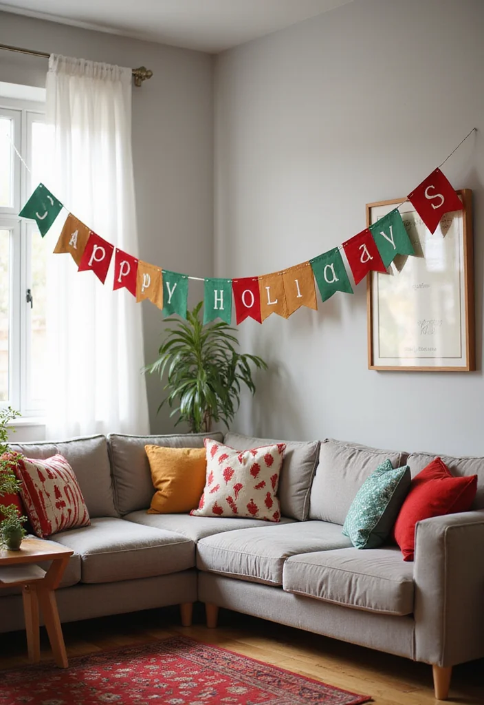 22 Cozy Holiday Decor Ideas for Your Apartment Living Room That Will Spark Joy! - 13. Cozy Holiday Banners