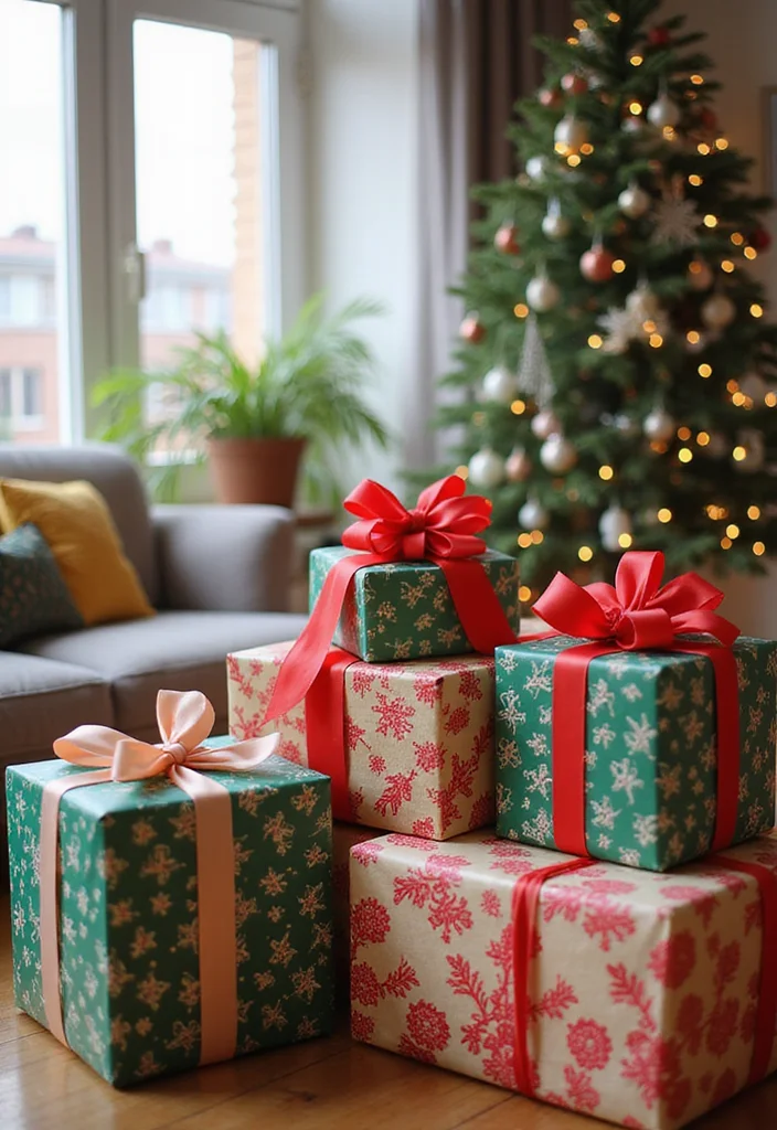 22 Cozy Holiday Decor Ideas for Your Apartment Living Room That Will Spark Joy! - 14. Colorful Gift Wrapping Display