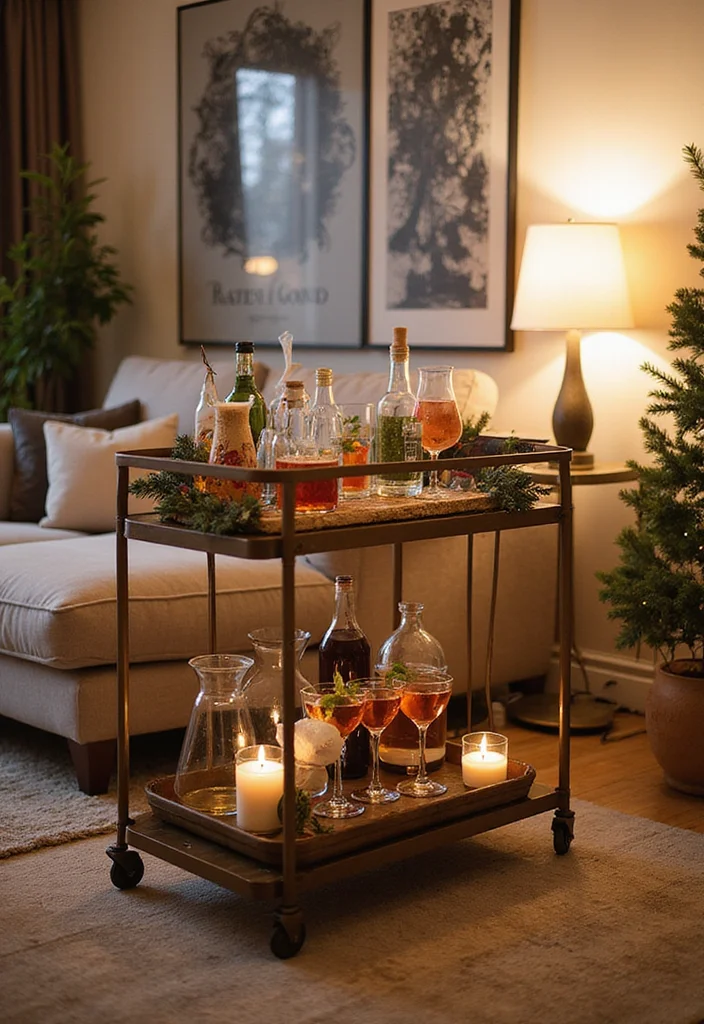 22 Cozy Holiday Decor Ideas for Your Apartment Living Room That Will Spark Joy! - 21. A Festive Bar Cart
