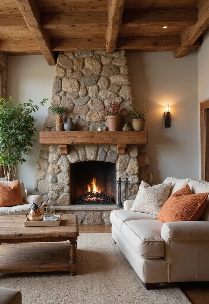 25 Cozy Living Room Ideas with Fireplace That Will Make You Want to Curl Up! - 1. Rustic Charm with a Stone Fireplace