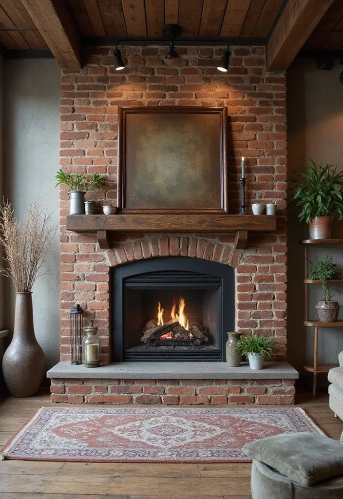 25 Cozy Living Room Ideas with Fireplace That Will Make You Want to Curl Up! - 11. Urban Industrial with a Brick Fireplace