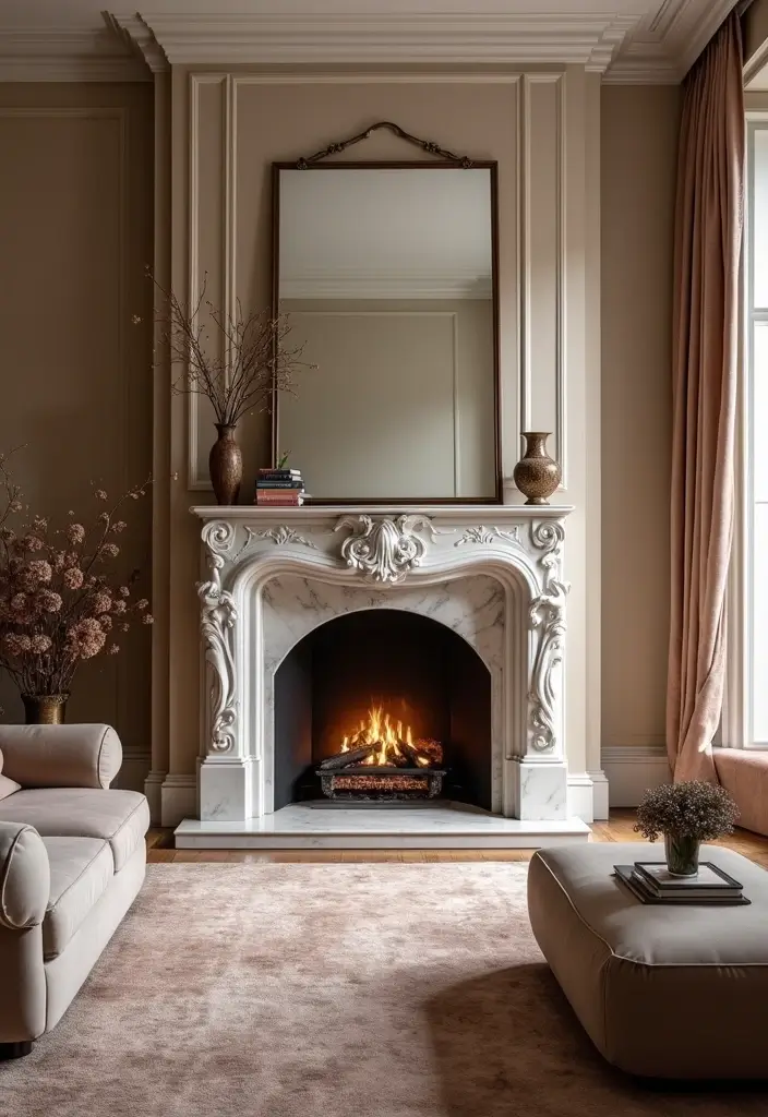 25 Cozy Living Room Ideas with Fireplace That Will Make You Want to Curl Up! - 12. Timeless Elegance with a Marble Fireplace