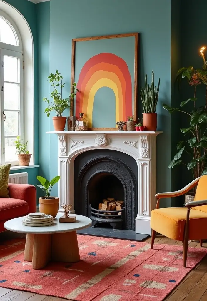 25 Cozy Living Room Ideas with Fireplace That Will Make You Want to Curl Up! - 17. Spunky and Fun with a Painted Fireplace