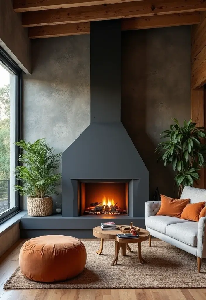 25 Cozy Living Room Ideas with Fireplace That Will Make You Want to Curl Up! - 21. Industrial Cozy with a Combination of Metal and Wood