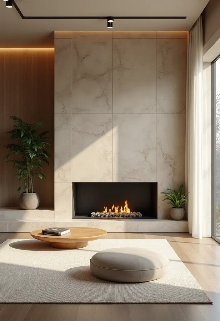 25 Cozy Living Room Ideas with Fireplace That Will Make You Want to Curl Up! - 22. Zen Retreat with a Stone Wall Fireplace