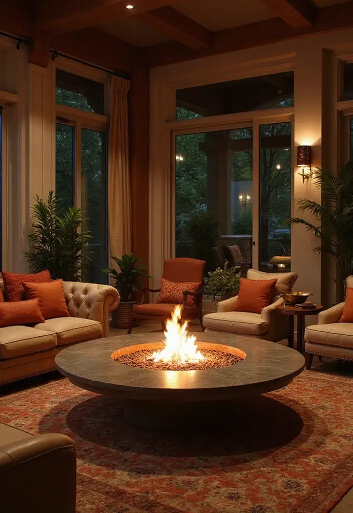 25 Cozy Living Room Ideas with Fireplace That Will Make You Want to Curl Up! - 25. Luxe Comfort with a Fire Pit Inside