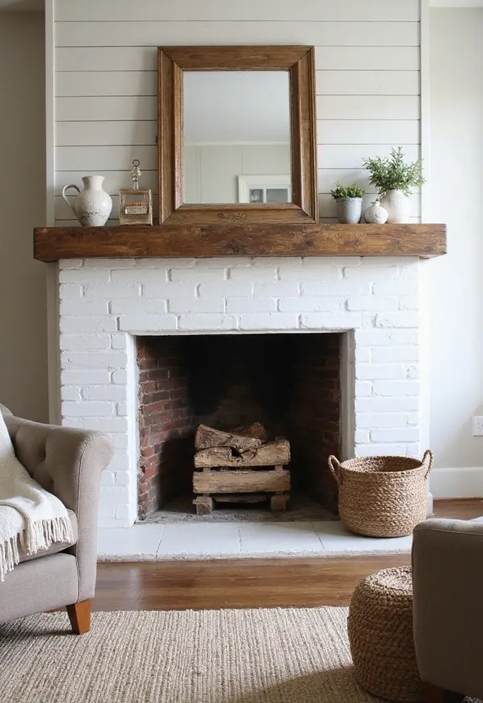 25 Cozy Living Room Ideas with Fireplace That Will Make You Want to Curl Up! - 3. Farmhouse Flair with a Classic Wood-Burning Fireplace