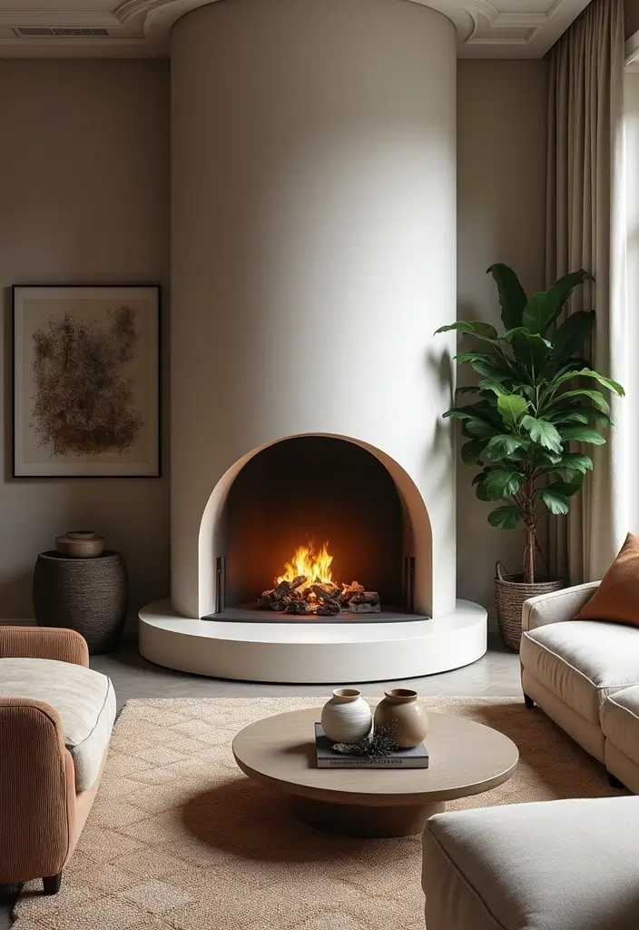 25 Cozy Living Room Ideas with Fireplace That Will Make You Want to Curl Up! - 4. Chic and Cozy with a Round Fireplace