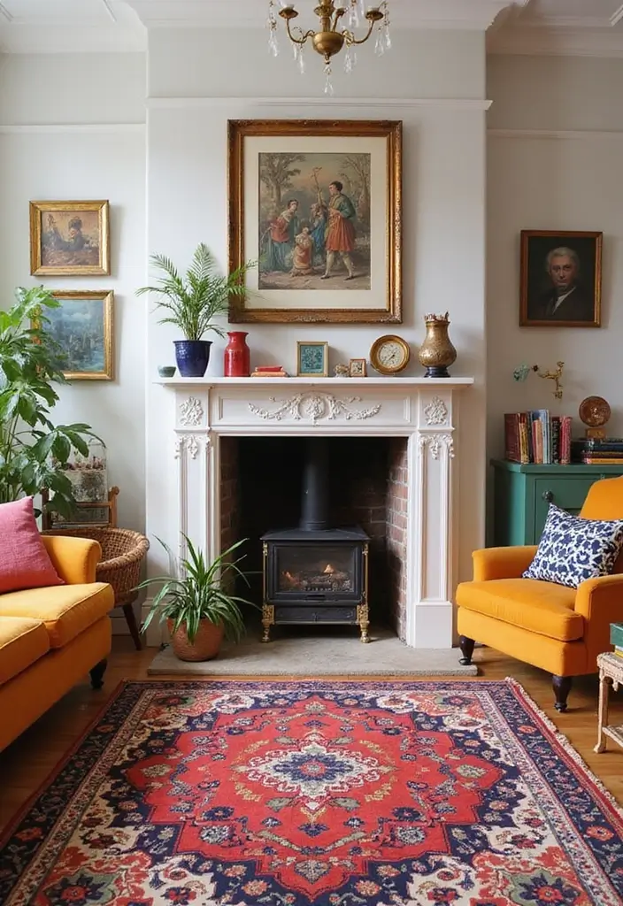 25 Cozy Living Room Ideas with Fireplace That Will Make You Want to Curl Up! - 5. Colorful Accents around a Traditional Fireplace