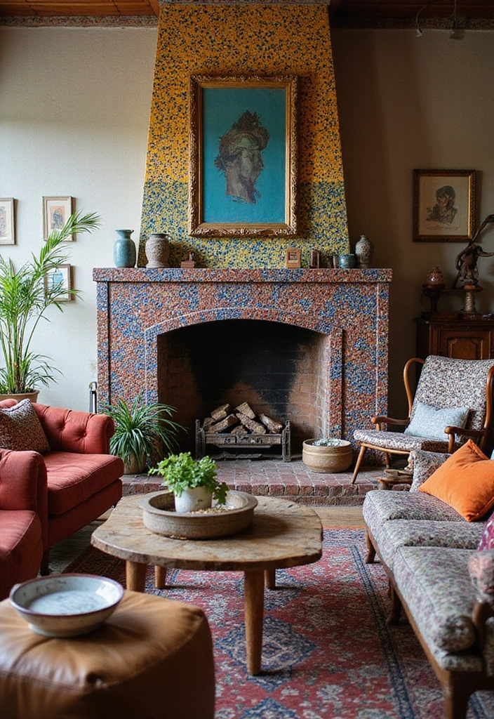 25 Cozy Living Room Ideas with Fireplace That Will Make You Want to Curl Up! - 9. Eclectic Styling with a Mosaic Fireplace