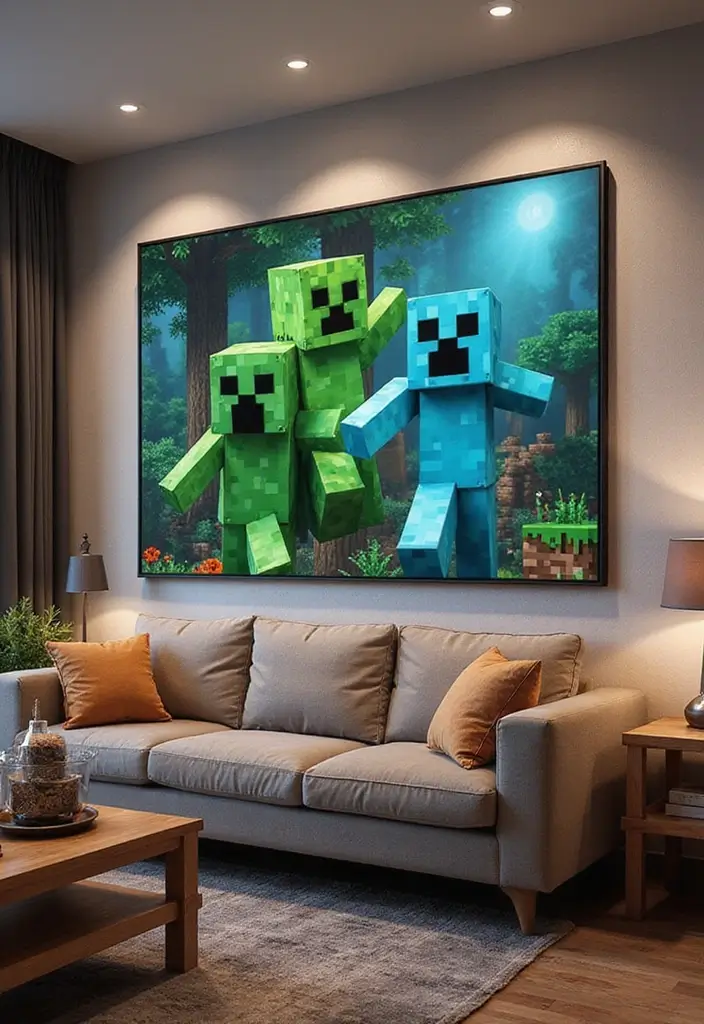 25 Epic Minecraft Living Room Ideas That Will Transform Your Space Into a Gamer's Paradise! - 1. Pixelated Wall Art