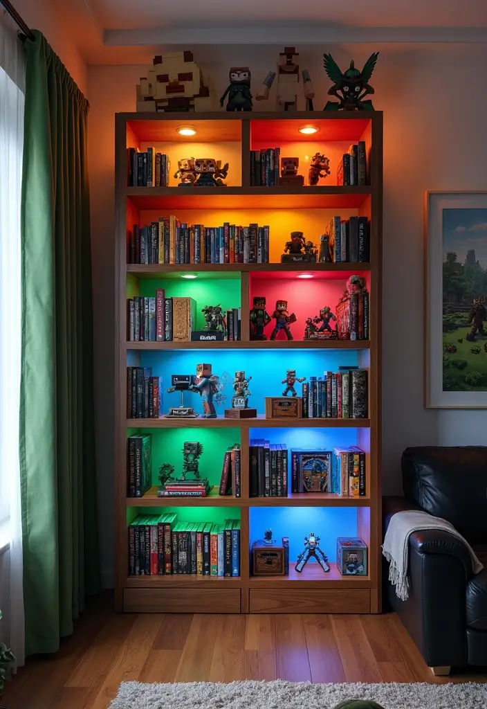 25 Epic Minecraft Living Room Ideas That Will Transform Your Space Into a Gamer's Paradise! - 16. Gamer's Bookshelf