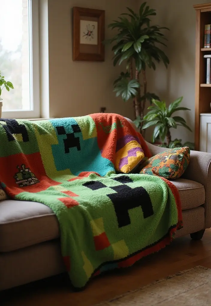 25 Epic Minecraft Living Room Ideas That Will Transform Your Space Into a Gamer's Paradise! - 17. Cozy Minecraft Blanket