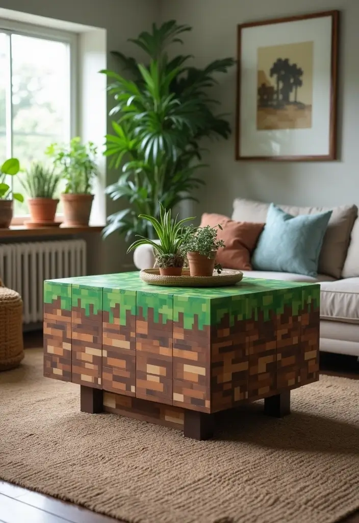 25 Epic Minecraft Living Room Ideas That Will Transform Your Space Into a Gamer's Paradise! - 4. DIY Crafting Table Coffee Table
