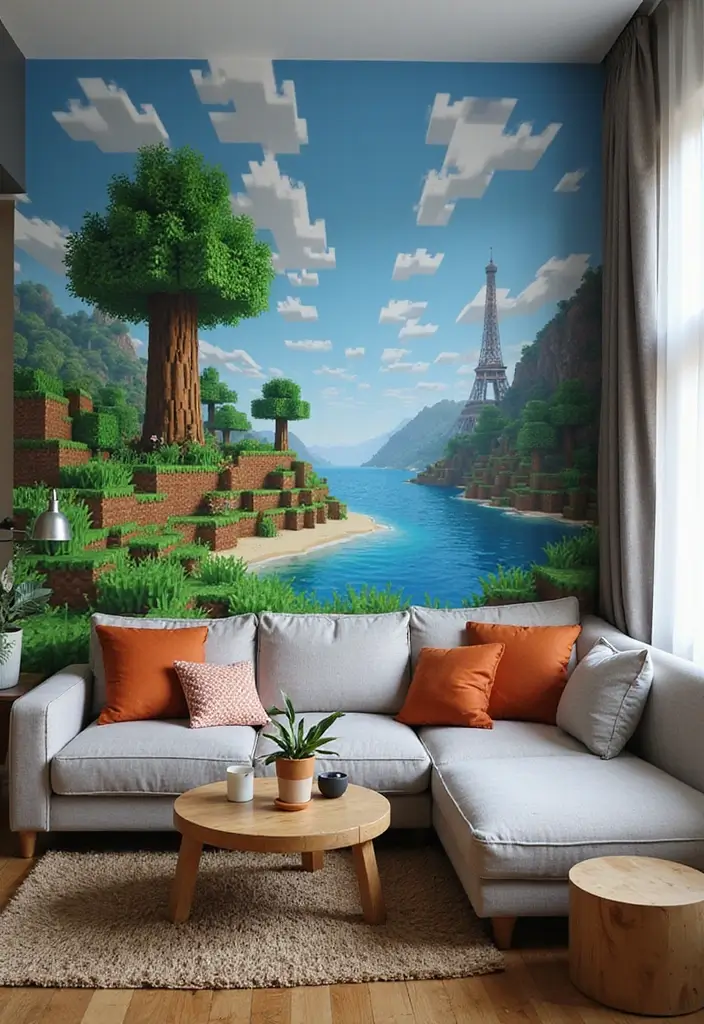 25 Epic Minecraft Living Room Ideas That Will Transform Your Space Into a Gamer's Paradise! - 6. Minecraft Mural