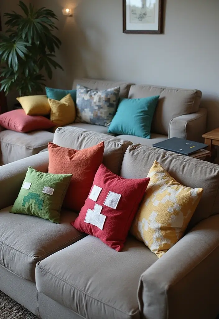 25 Epic Minecraft Living Room Ideas That Will Transform Your Space Into a Gamer's Paradise! - 8. Gaming-Themed Throw Pillows