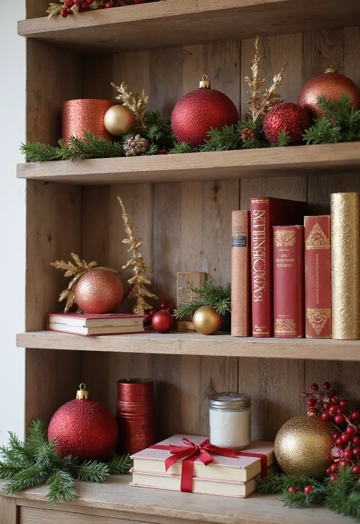 25 Stunning Christmas Decor Ideas for Your Living Room in Gold and Red (You Won't Believe #12!) - 24. Holiday Themed Shelf Decor